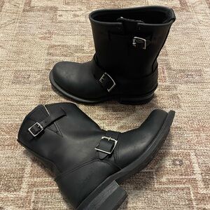 Frye Black Leather Engineer Boots with Buckles Ankle Boots Moto Boots
